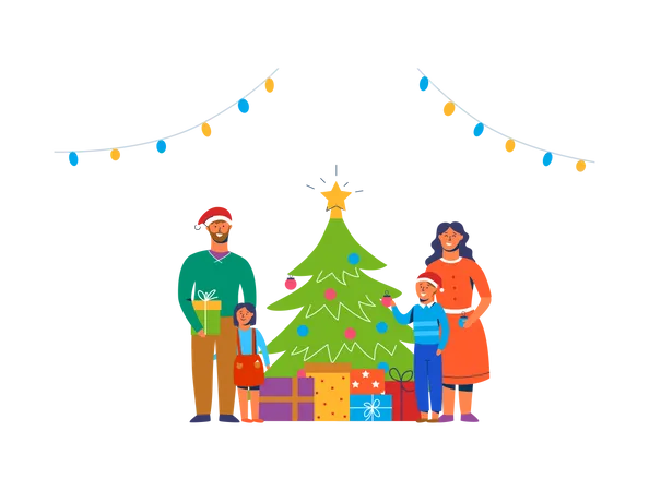 Família feliz decorando árvore de Natal  Ilustração