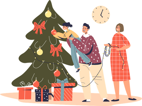 Família feliz decorando árvore de Natal  Ilustração