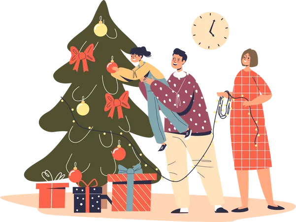 Família feliz decorando árvore de Natal  Ilustração