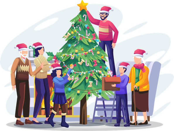 Familia feliz decorando el árbol de Navidad  Ilustración