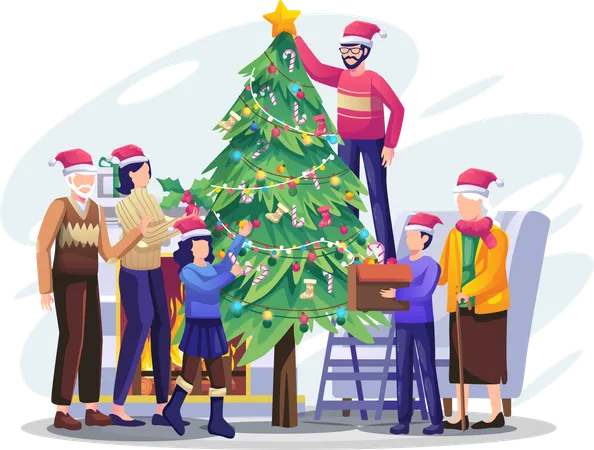 Familia Feliz Decorando El Arbol De Navidad Juntos Preparandose Para Las Vacaciones De Navidad Y Ano Nuevo Ilustracion Vectorial Ilustración