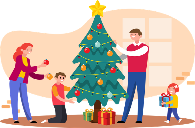 Familia feliz decorando el árbol de Navidad  Illustration