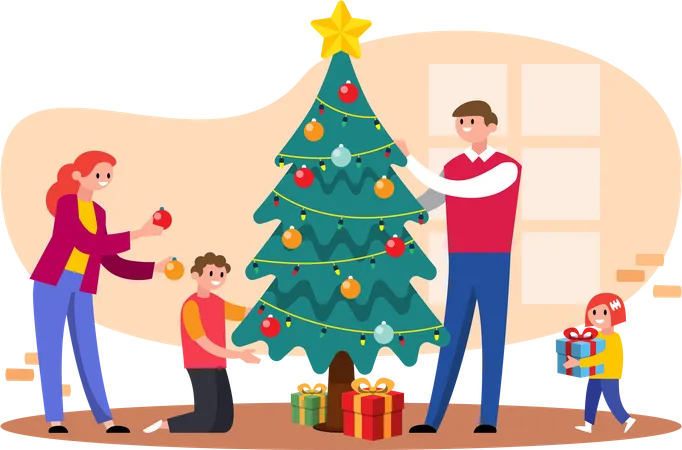 Familia feliz decorando el árbol de Navidad  Illustration