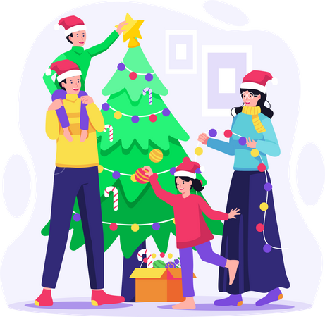 Familia feliz decorando el árbol de Navidad juntos en casa  Ilustración