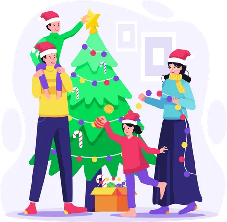 Familia feliz decorando el árbol de Navidad juntos en casa  Ilustración