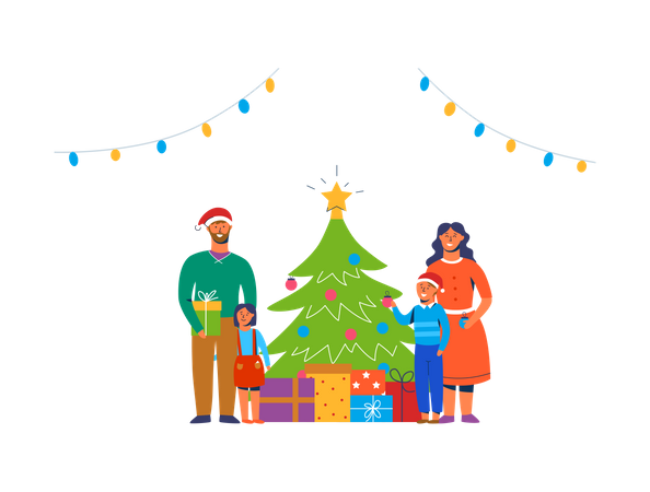 Família feliz decorando árvore de Natal  Ilustração