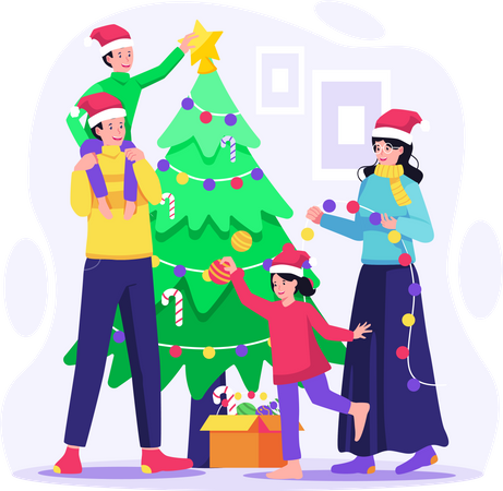 Família feliz decorando a árvore de Natal juntos em casa  Ilustração