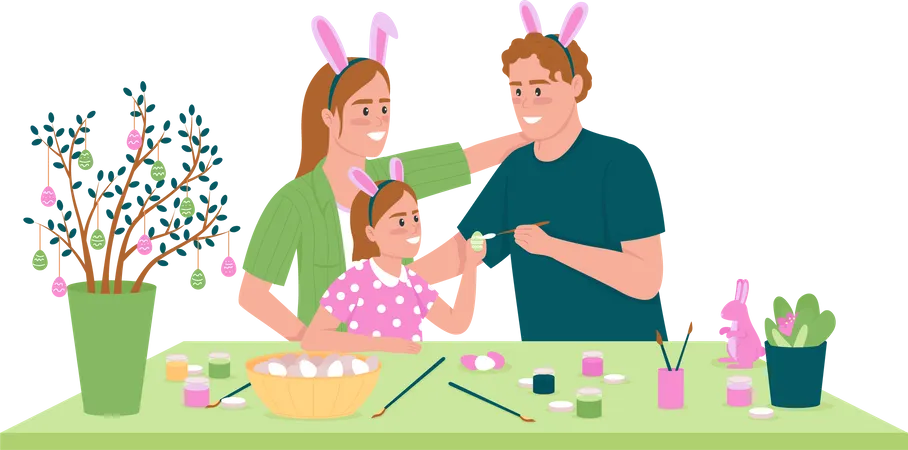 Familia feliz decorando huevos de Pascua  Ilustración