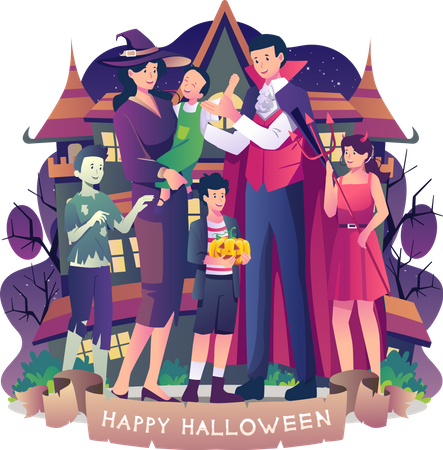 Familia Feliz vistiendo disfraces celebrando juntos la noche de Halloween  Ilustración
