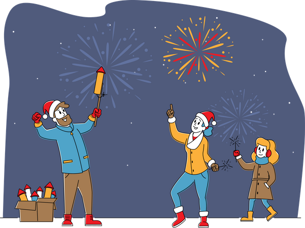 Familia feliz disfrutando de fuegos artificiales al aire libre para Navidad o Año Nuevo  Ilustración