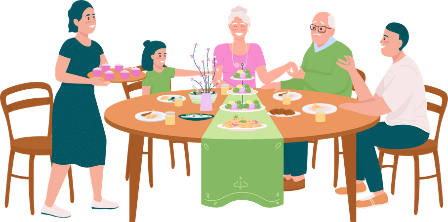Familia feliz en la mesa del comedor para Pascua  Ilustración