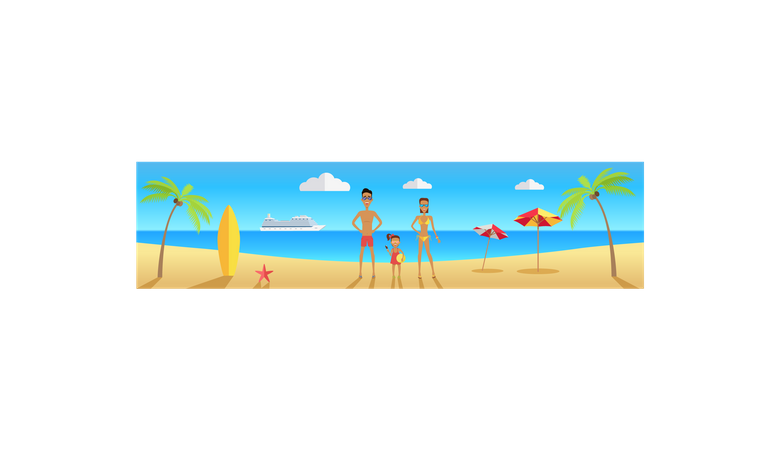 Familia feliz en la playa durante las vacaciones de verano  Ilustración