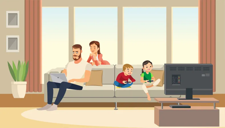Familia feliz en la sala de estar  Ilustración