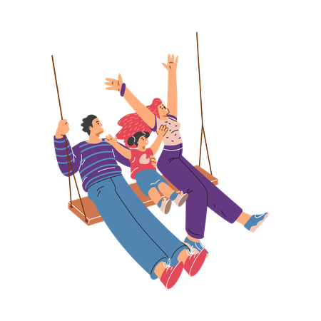 Familia feliz en un columpio  Ilustración