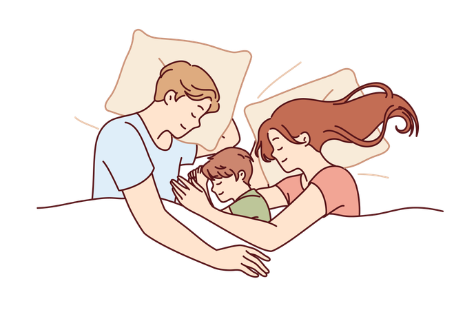 La familia feliz está durmiendo junta  Ilustración