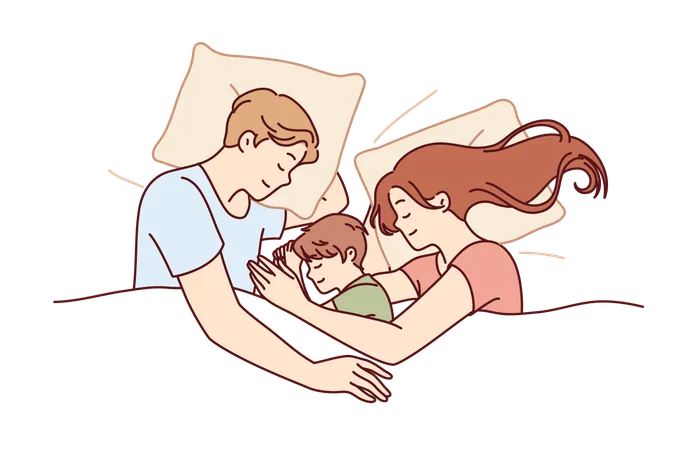 La familia feliz está durmiendo junta  Ilustración