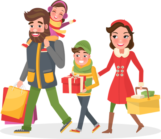 Família feliz fazendo compras  Ilustração