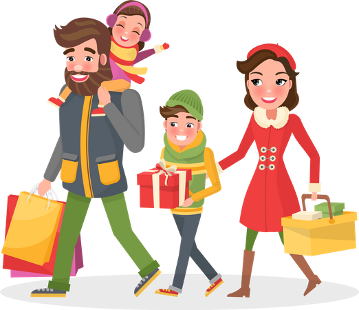 Familia feliz haciendo compras  Ilustración