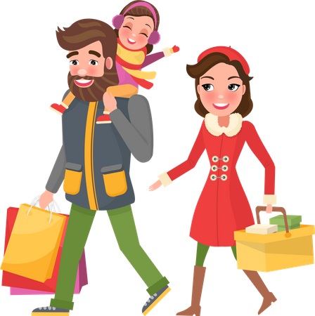 Familia feliz haciendo compras navideñas  Ilustración