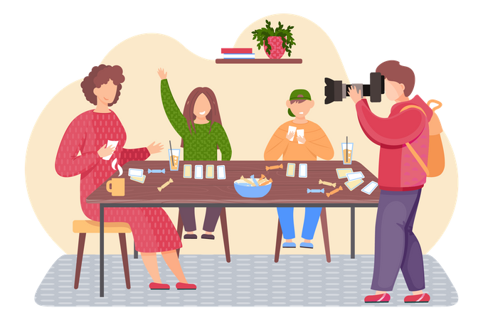 Família feliz jogando jogo de tabuleiro em casa  Ilustração