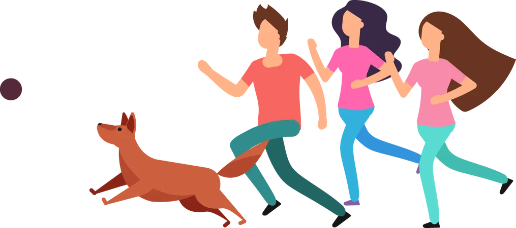 Familia feliz jugando con perro mascota  Ilustración