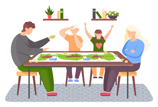 Familia feliz jugando al juego de mesa  Ilustración