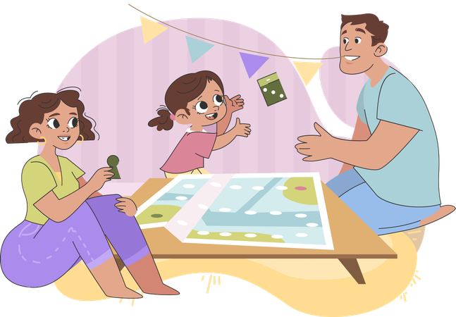 Familia feliz pagando juegos de mesa y pasando tiempo en casa  Ilustración