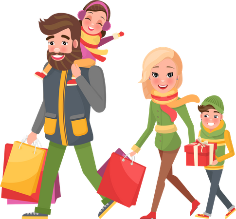 Família feliz junta fazendo compras de Natal  Ilustração