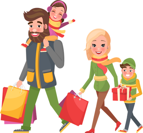 Familia feliz juntos haciendo compras navideñas  Ilustración