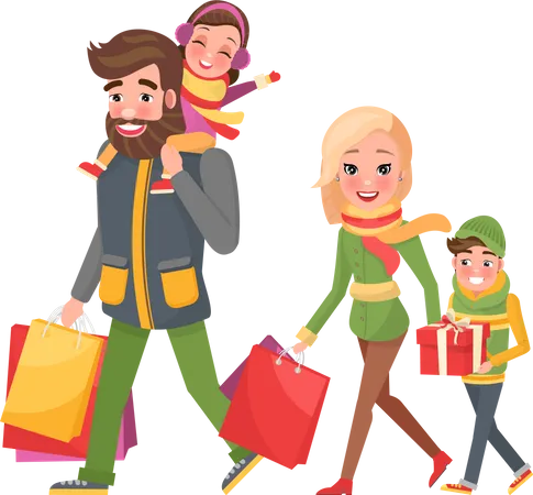 Familia feliz juntos haciendo compras navideñas  Ilustración