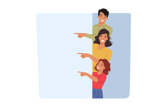 Família feliz mostrando faixa branca e apontando com o dedo para o local  Ilustração