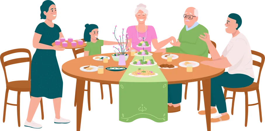 Família feliz na mesa de jantar para a Páscoa  Ilustração