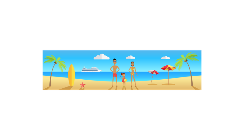 Família feliz na praia durante as férias de verão  Ilustração