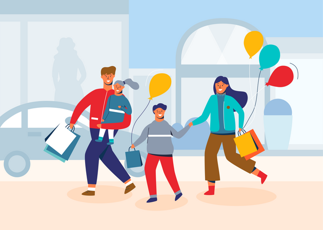 Família feliz nas compras  Ilustração