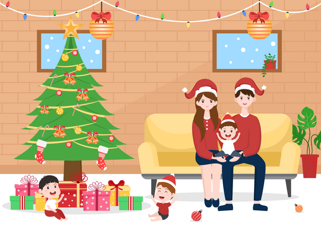 Família feliz no Natal  Ilustração