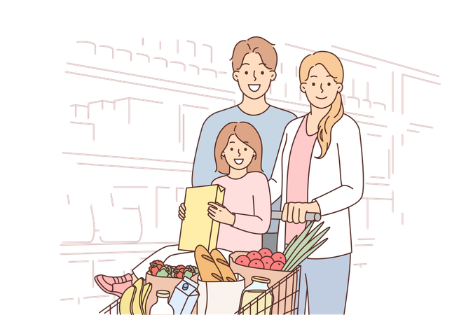 Família feliz no supermercado  Ilustração