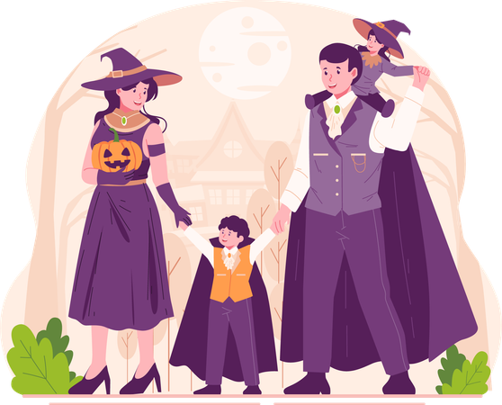 Familia feliz, padres y niños vestidos con disfraces de Halloween celebrando Halloween  Ilustración