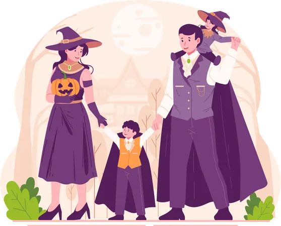 Familia feliz, padres y niños vestidos con disfraces de Halloween celebrando Halloween  Ilustración