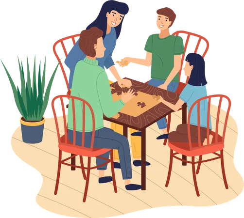 Família feliz pagando jogo de tabuleiro e passando tempo em casa  Ilustração
