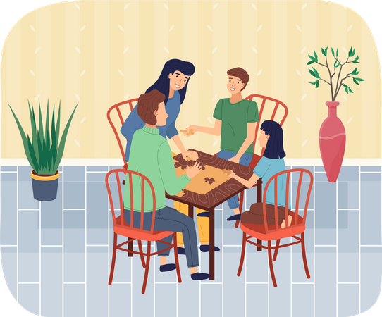 Família feliz pagando jogo de tabuleiro e passando tempo em casa  Ilustração