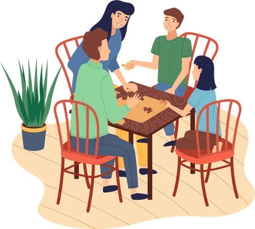 Familia feliz pagando juegos de mesa y pasando tiempo en casa  Ilustración