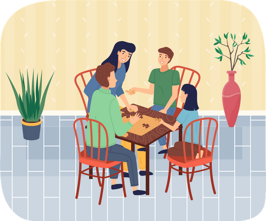 Familia feliz pagando juegos de mesa y pasando tiempo en casa  Ilustración