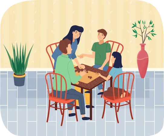 Familia feliz pagando juegos de mesa y pasando tiempo en casa  Ilustración