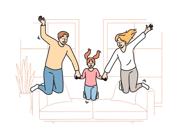 Família feliz pulando juntos na sala do próprio apartamento depois de se mudar ou comprar uma nova casa  Ilustração