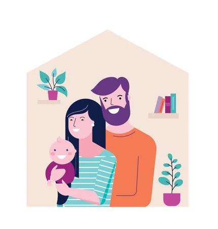 Familia feliz quedándose en casa  Ilustración