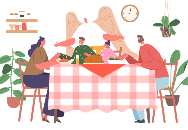 Família feliz reunida em torno da mesa e oferecendo orações de gratidão enquanto anjo  Ilustração