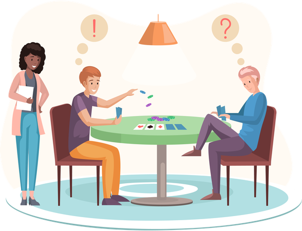 Familia feliz sentada a la mesa y jugando al juego de cartas de estrategia lógica  Ilustración