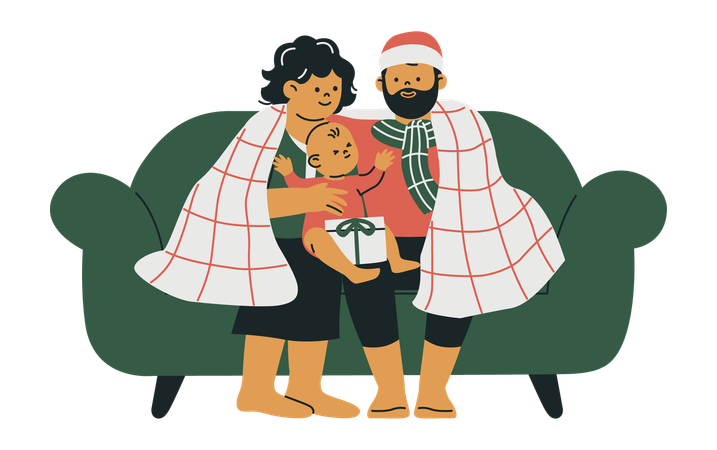 Familia feliz sentada junta en el sofá durante la Navidad  Ilustración