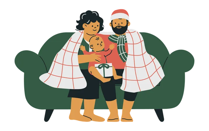 Familia feliz sentada junta en el sofá durante la Navidad  Ilustración