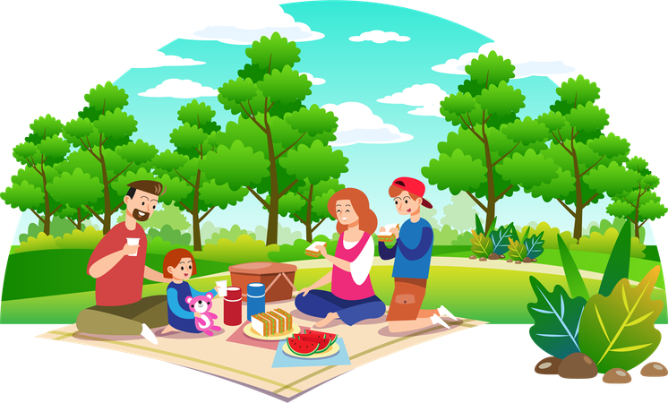 Familia feliz haciendo picnic  Ilustración